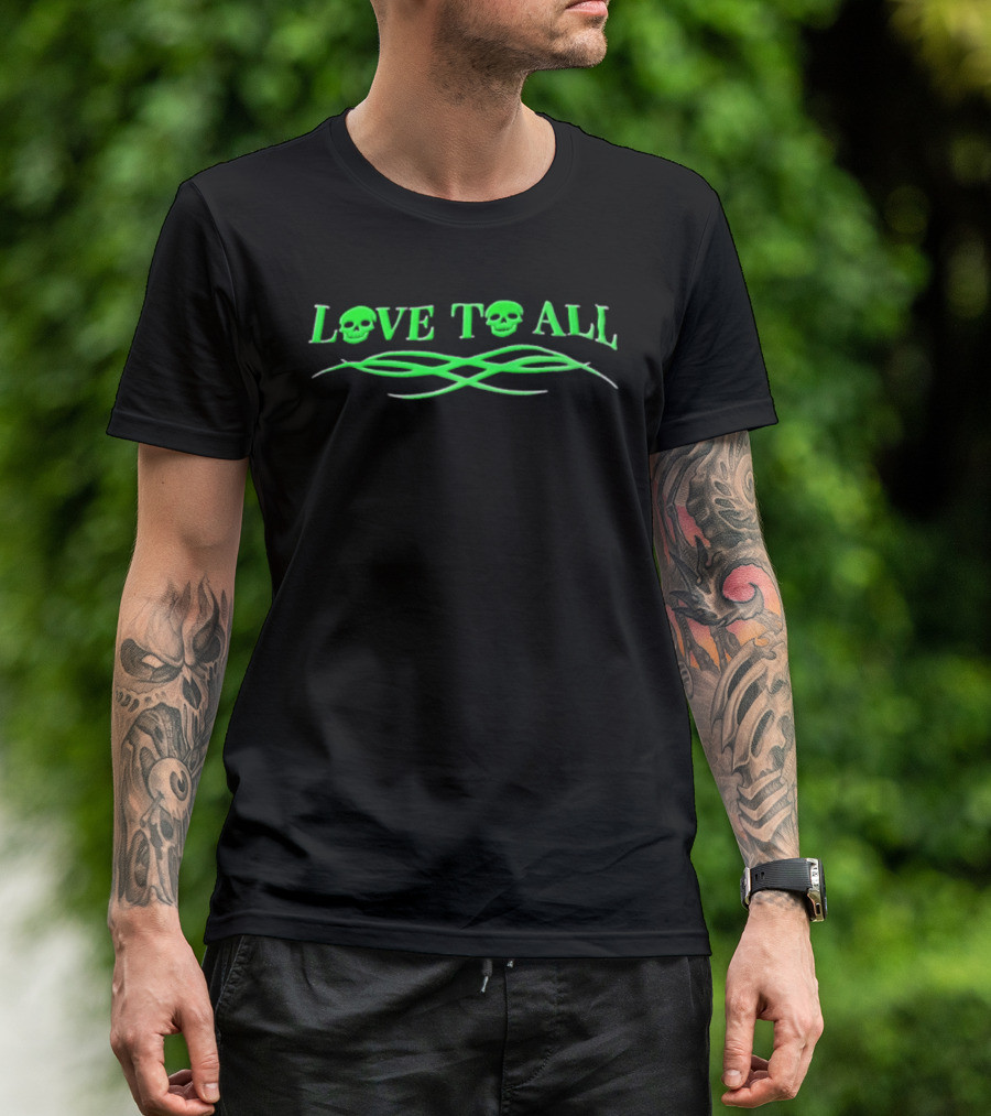 Love TO ALL Green Skulls Tribal Line Vibrant Neon Aesthetic T-Shirt
