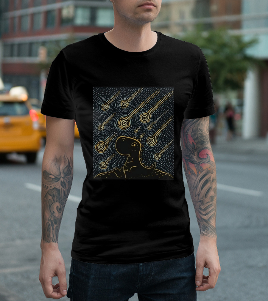 Make A Wish Dinosaur Under Shooting Star Swirl Night Sky T-Shirt