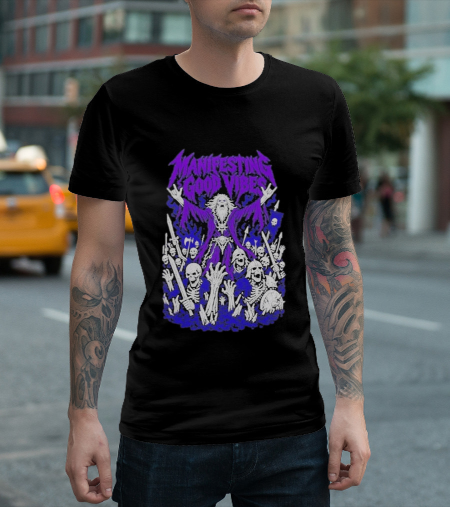 Manifesting Good Vibes Necromancer Skeleton Wizard T-Shirt