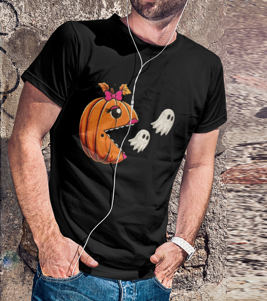 Ms Pac Man Pumpkin Shape Halloween Ghosts T-Shirt