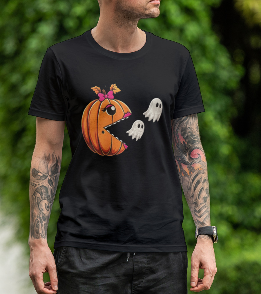 Ms Pac Man Pumpkin Shape Halloween Ghosts T-Shirt