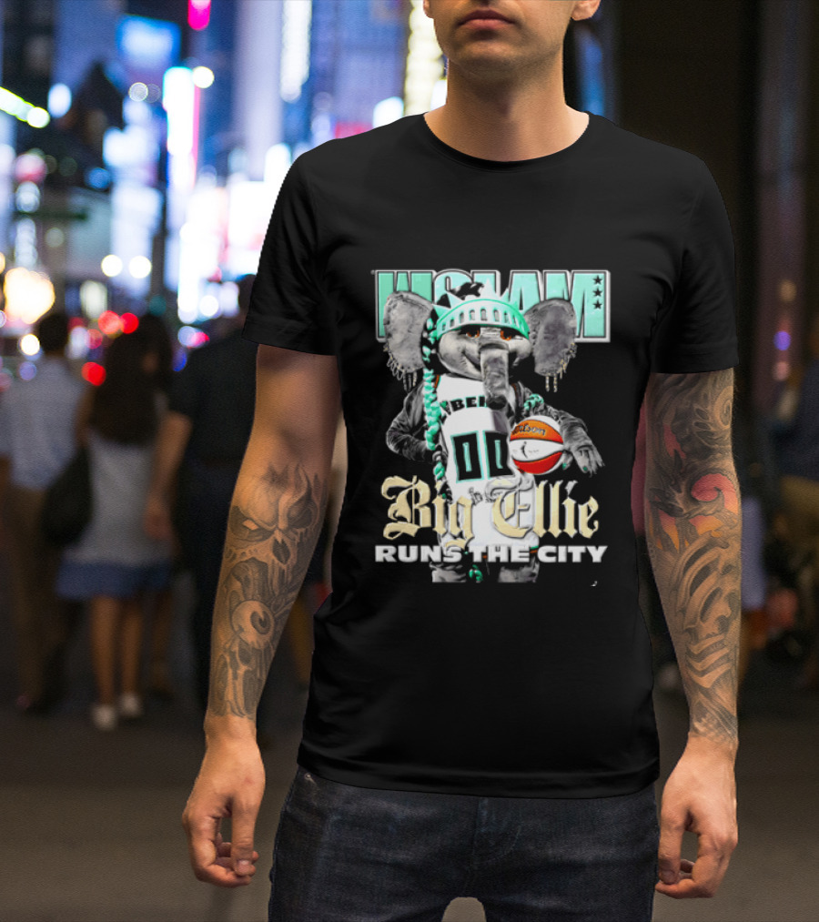 New York Liberty Big Ellie Runs The City Statue Crown Basketball T-Shirt