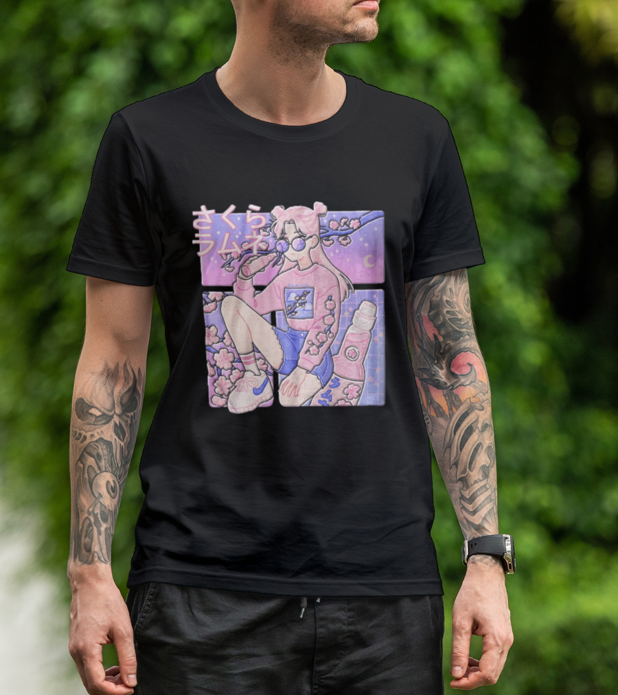 Anime Girl Drinking Pink Soda Sakura Blossoms Pastel Aesthetic T-Shirt