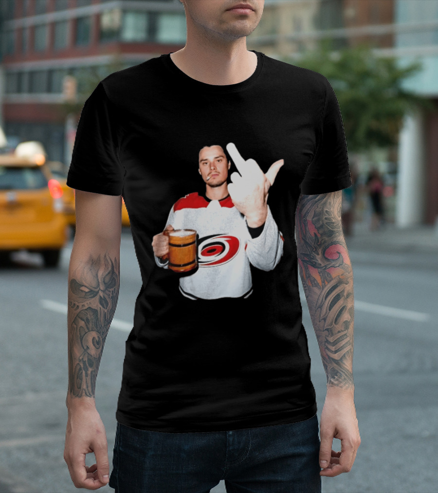 Sebastian Aho Carolina Hurricanes Wooden Beer Middle Finger Gesture T-Shirt