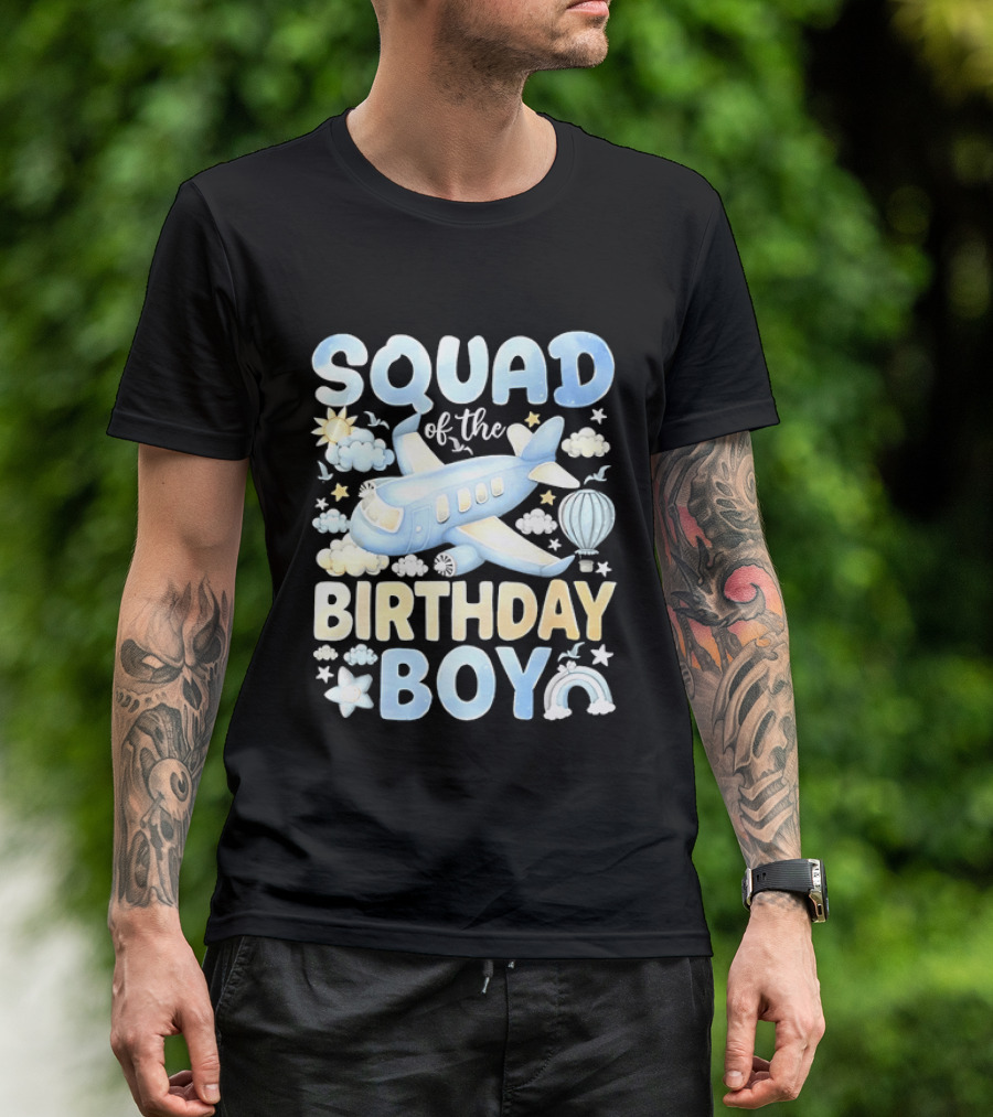 Squad Of The Birthday Boy Airplane Cloud Adventure With Stars And Balloons T-Shirt