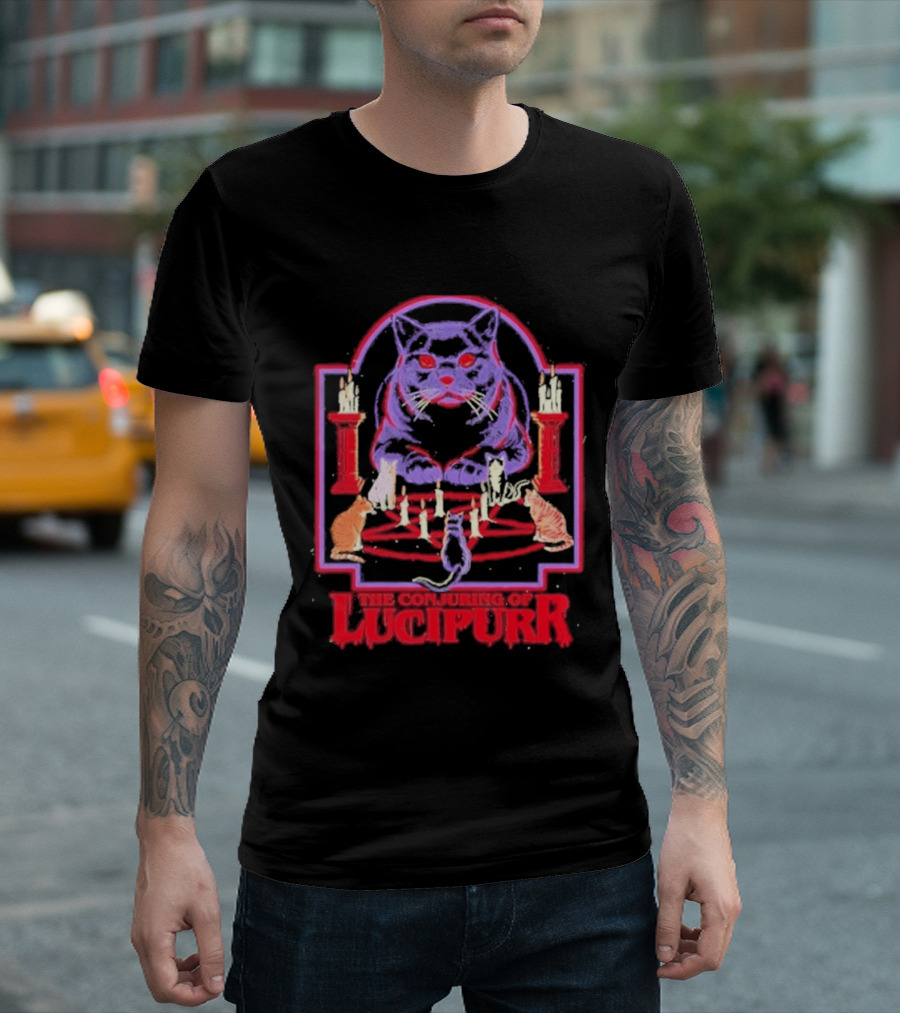 The Conjuring Of Lucipurr Cat Candle Pentagram Ritual T-Shirt