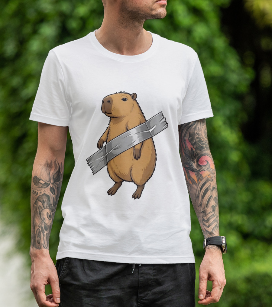 Capybara Holding Duct Tape Rodent Iconic Funny Meme T-Shirt