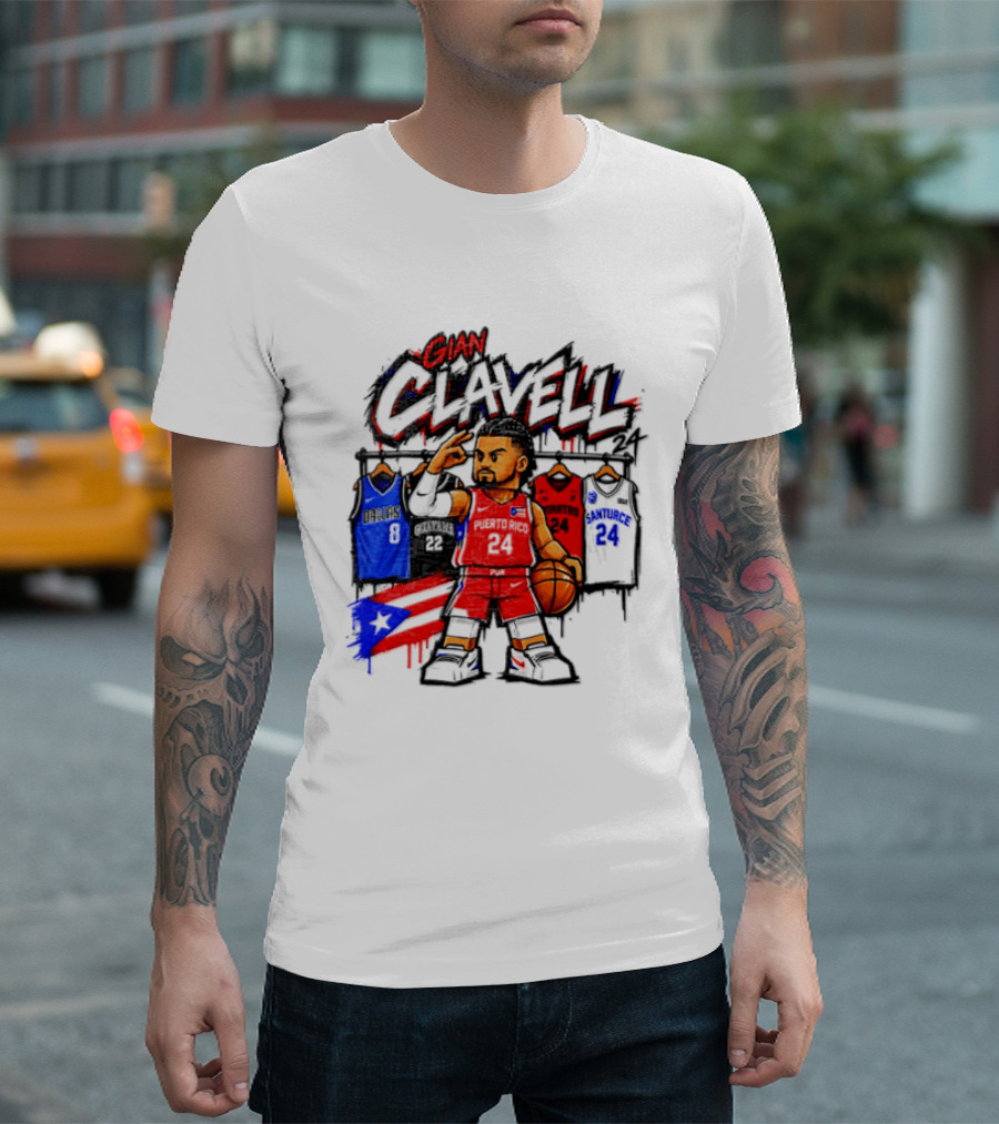 Gian Clavell Puerto Rico Basketball Cartoon With Jersey Collection And Flag T-Shirt
