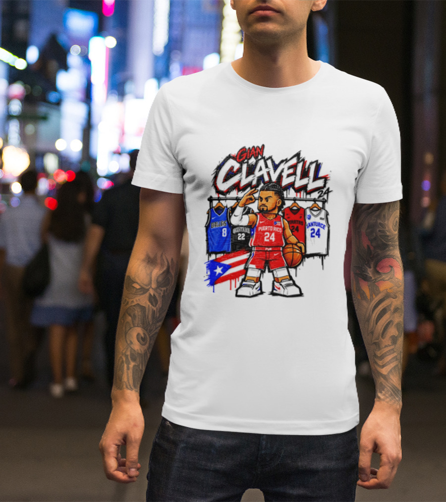 Gian Clavell Puerto Rico Basketball Cartoon With Jersey Collection And Flag T-Shirt