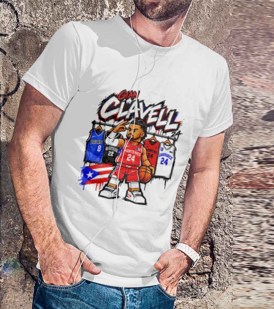 Gian Clavell Puerto Rico Basketball Cartoon With Jersey Collection And Flag T-Shirt