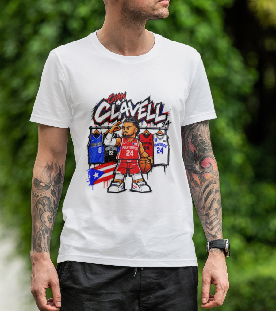 Gian Clavell Puerto Rico Basketball Cartoon With Jersey Collection And Flag T-Shirt