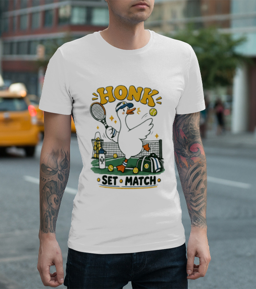 Honk Set Match Duck Playing Tennis Cartoon T-Shirt