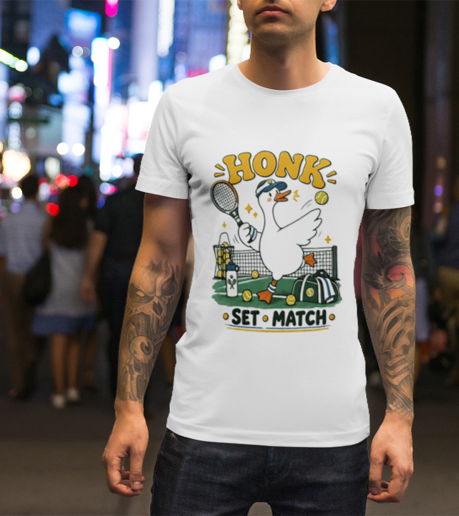 Honk Set Match Duck Playing Tennis Cartoon T-Shirt