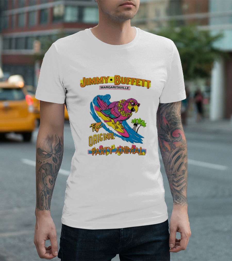 Jimmy Buffett Margaritaville Original Party Animal Parrot Surfing Wave T-Shirt