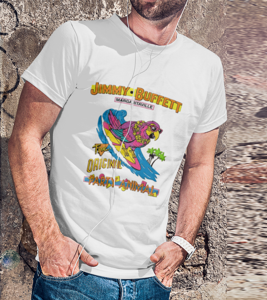 Jimmy Buffett Margaritaville Original Party Animal Parrot Surfing Wave T-Shirt