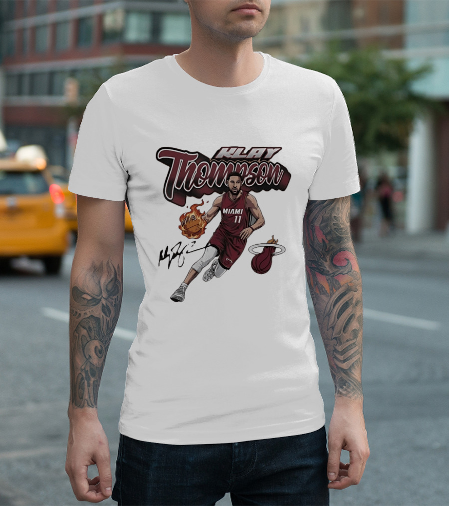 Klay Thompson Miami Heat NBA Basketball Flaming Ball Signature T-Shirt