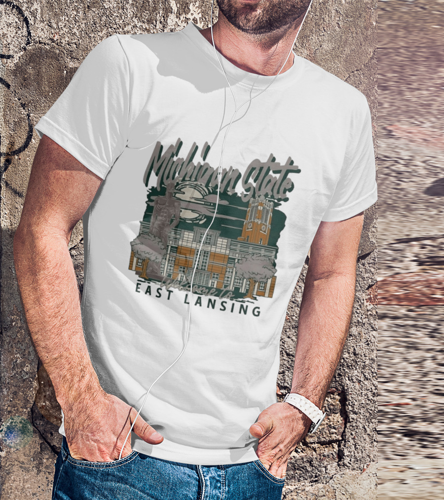 Michigan State University Welcome To East Lansing Scenic Campus Architecture And Famous Spartan Statue T-Shirt