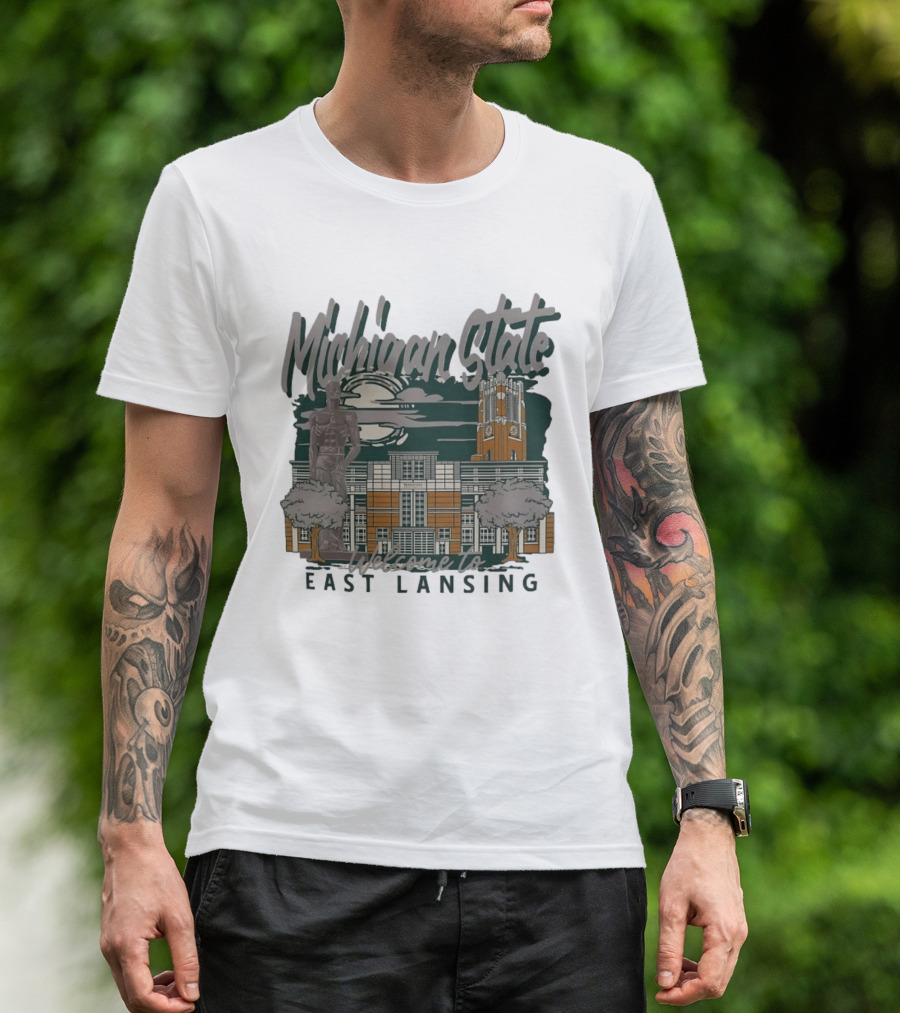 Michigan State University Welcome To East Lansing Scenic Campus Architecture And Famous Spartan Statue T-Shirt