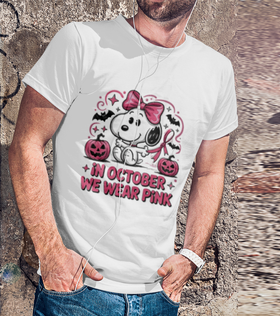 In October We Wear Pink Snoopy Peanuts Halloween Bow Pumpkins Bats T-Shirt