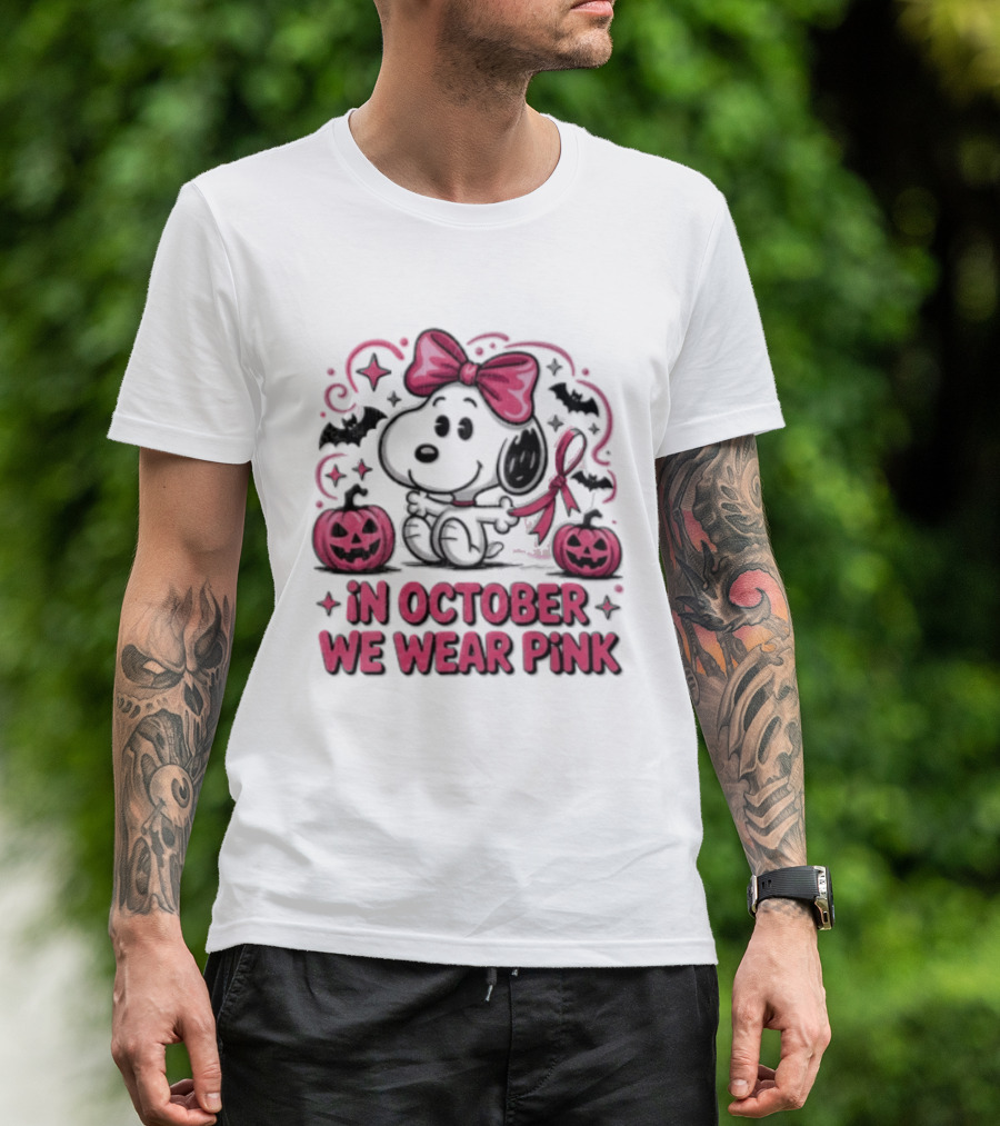 In October We Wear Pink Snoopy Peanuts Halloween Bow Pumpkins Bats T-Shirt