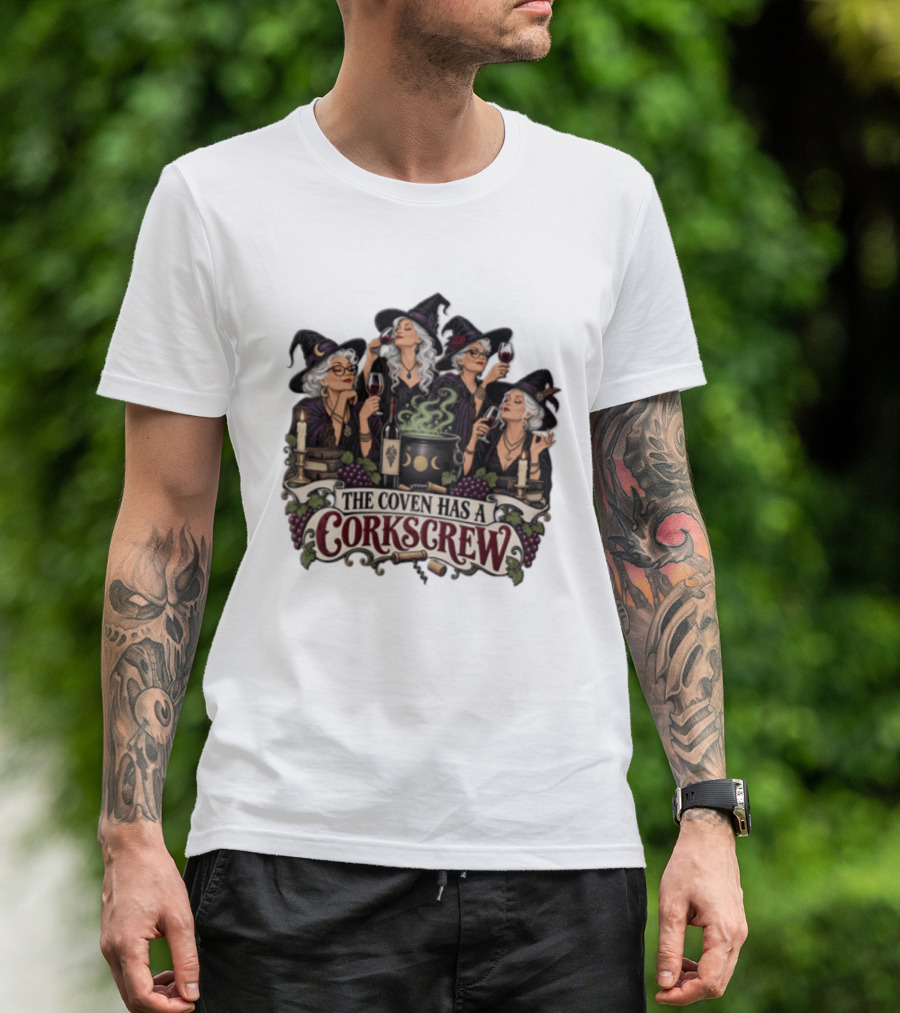 The Coven Has A Corkscrew Four Witches Drinking Wine Cauldron Grapes Candles T-Shirt