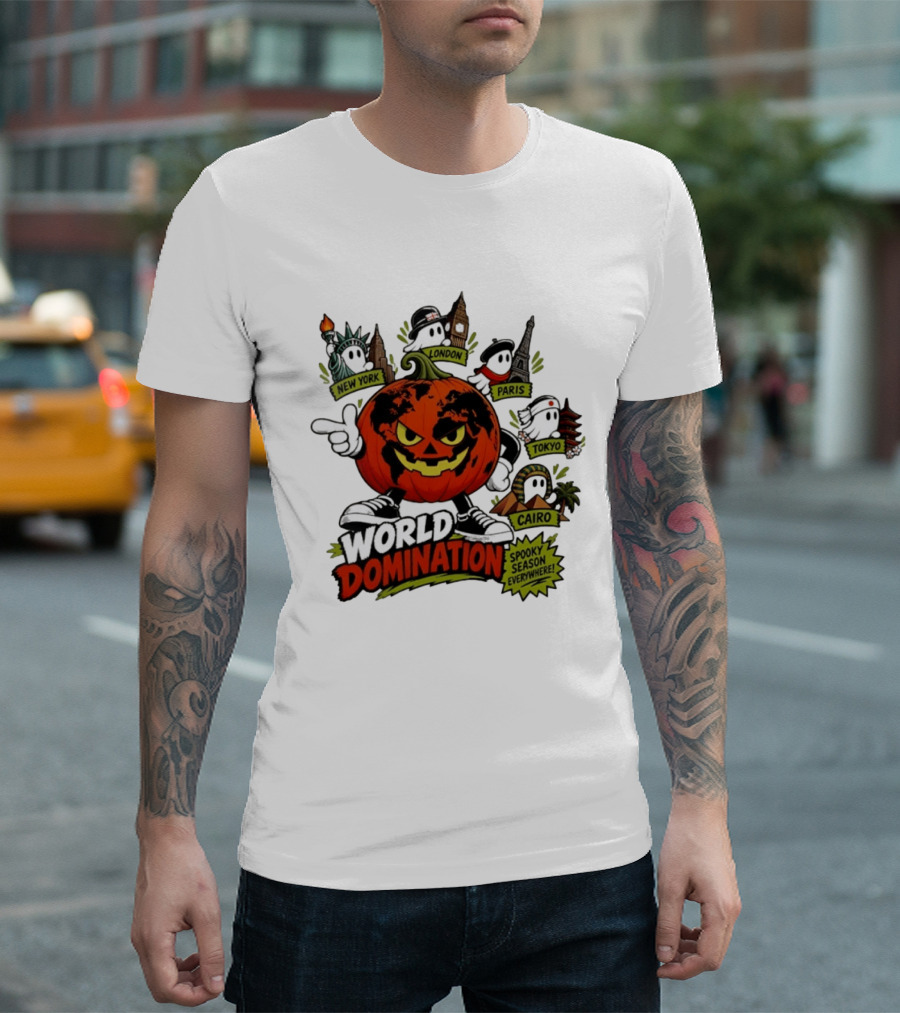 World Domination Pumpkin Spooky Season Everywhere New York London Paris Tokyo Cairo T-Shirt