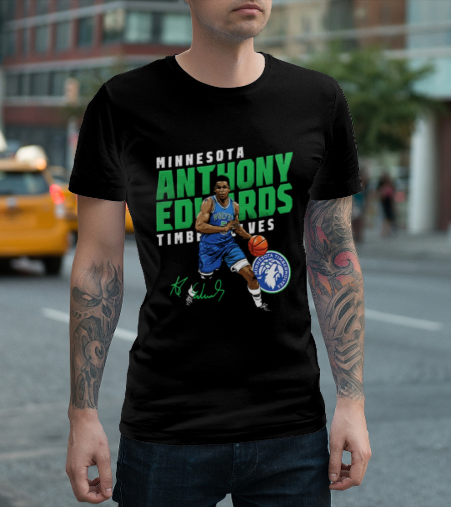Anthony Edwards Minnesota Timberwolves NBA 5 Basketball Player Dribbling Ball T-Shirt