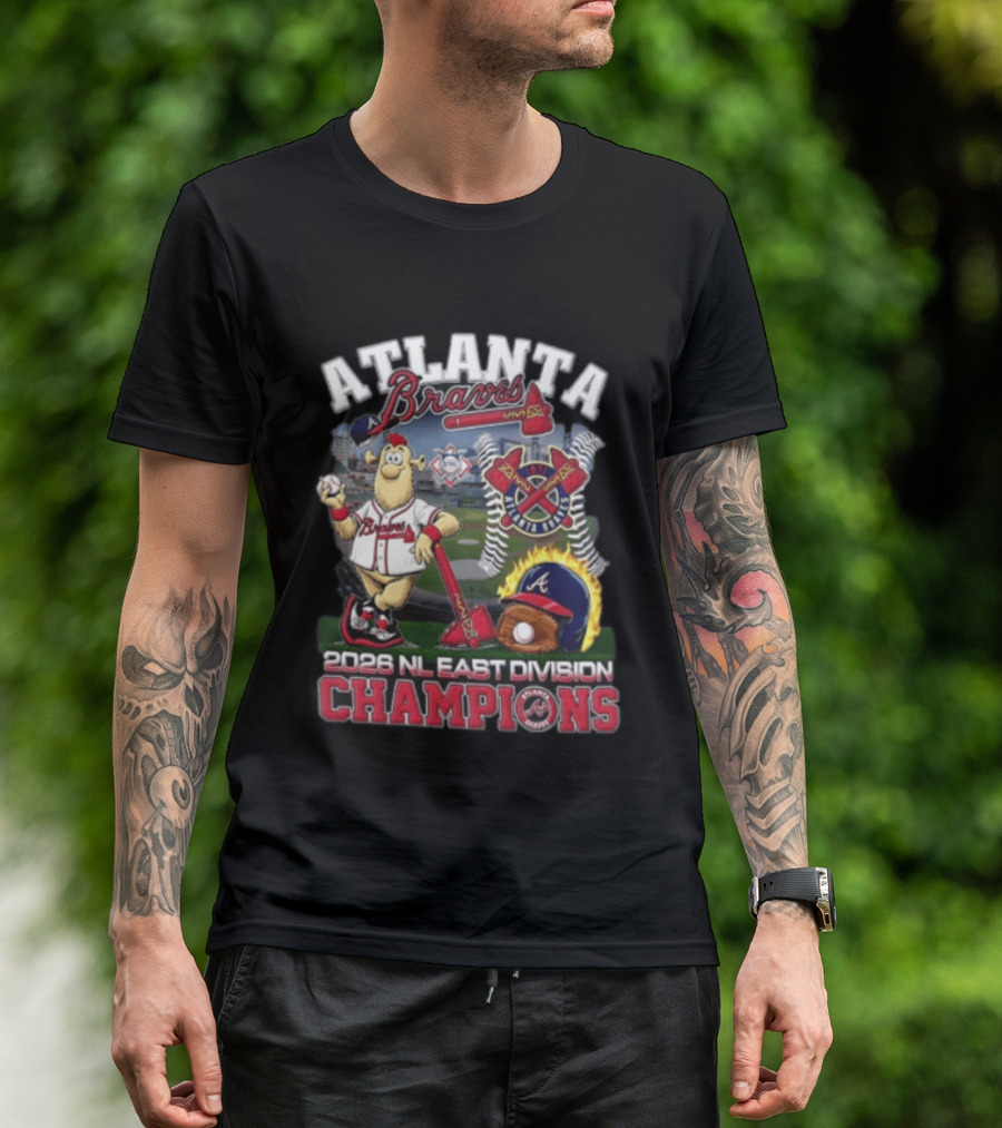 Atlanta Braves 2026 NL East Division Champions Stadium With Mascot And Baseball Bat T-Shirt