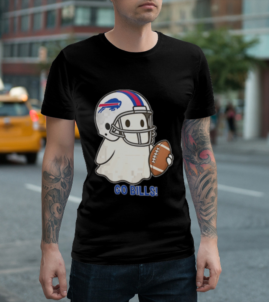 Buffalo Bills Ghost GO BILLS Football Helmet Holding Ball T-Shirt