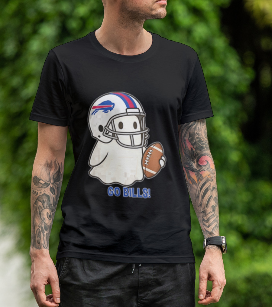 Buffalo Bills Ghost GO BILLS Football Helmet Holding Ball T-Shirt