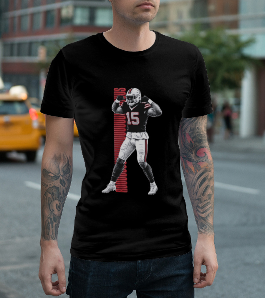 Buffalo Bills Rooouuuuudus 15 Football Player Flexing Arms Halftone NFL Fan T-Shirt
