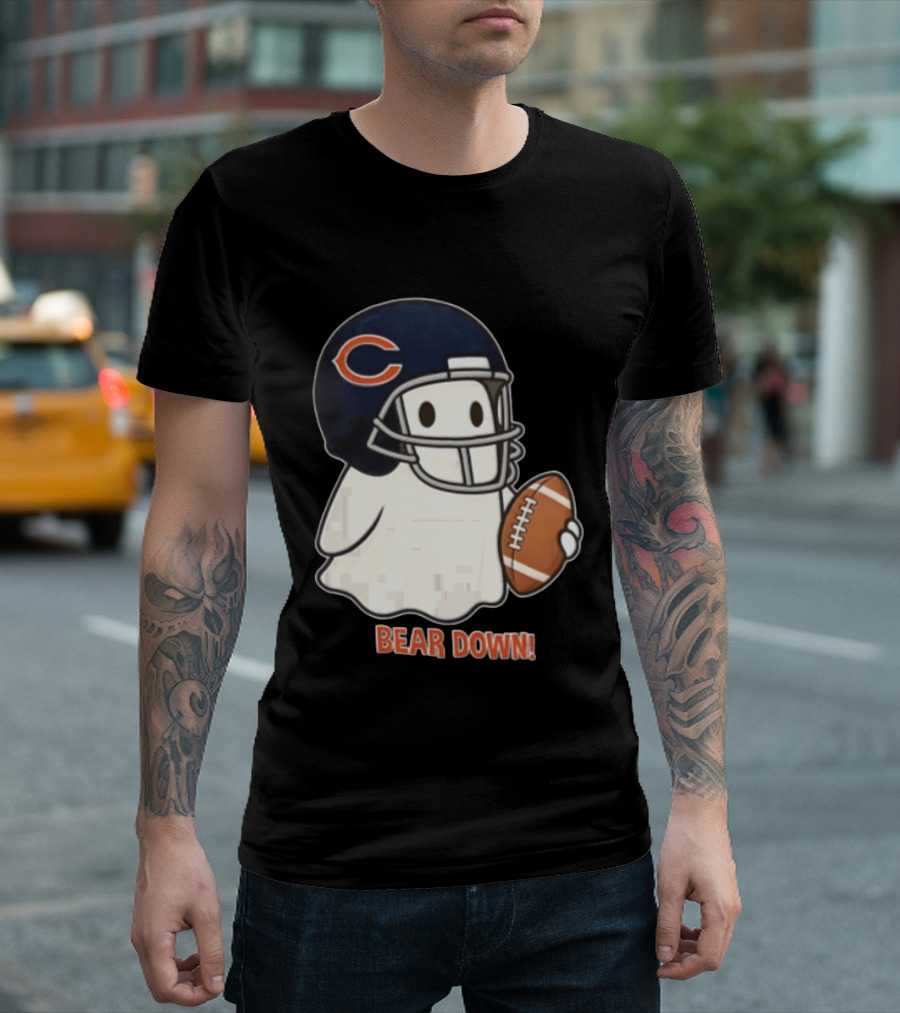 Chicago Bears Bear Down Ghost Football Helmet Holding Ball T-Shirt