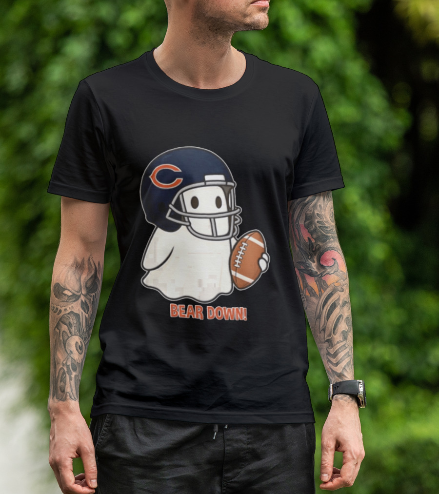 Chicago Bears Bear Down Ghost Football Helmet Holding Ball T-Shirt