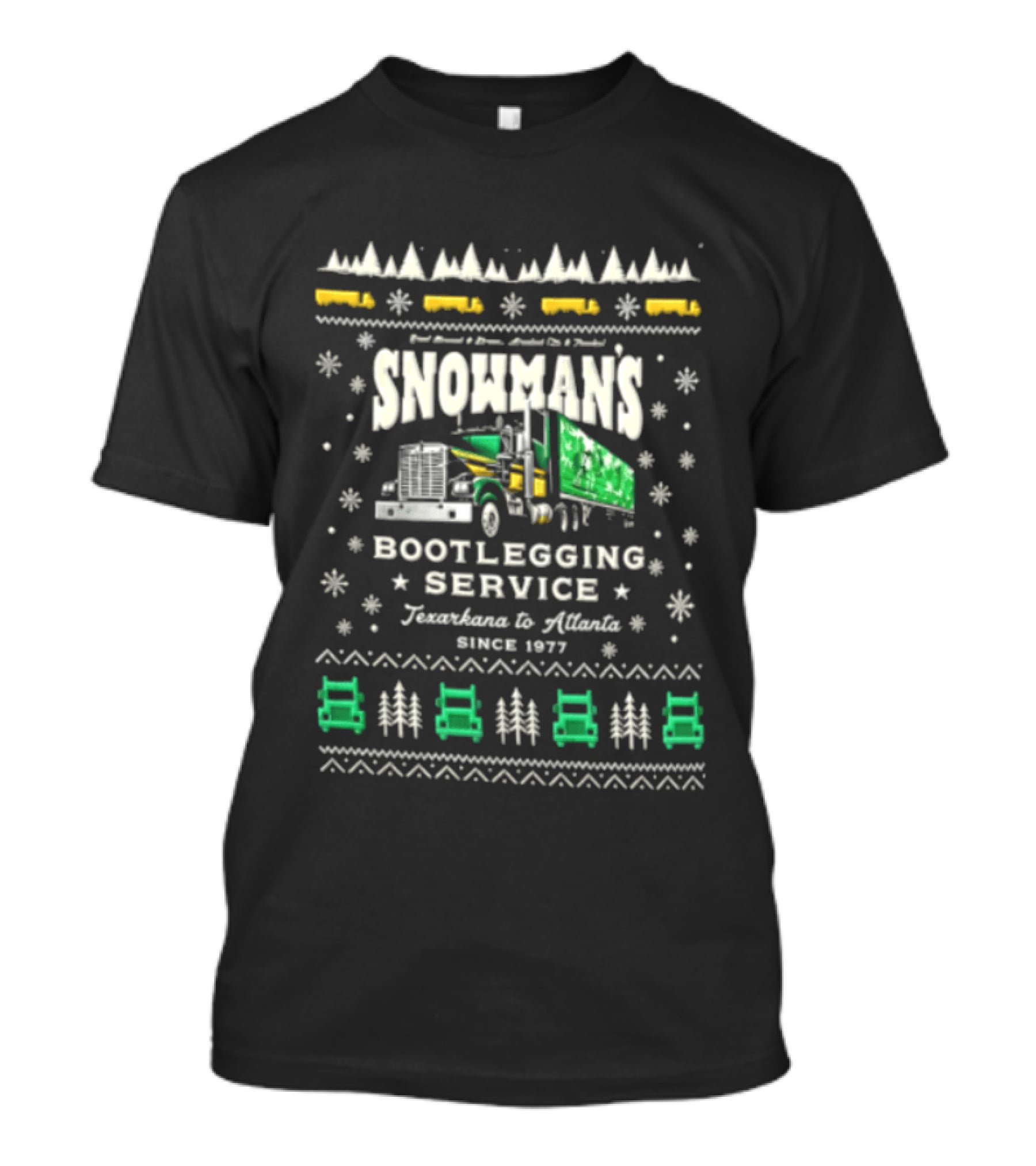 Snowmans Boot Service Texarkana To Atlanta 1977 Semi Truck Snowflakes Pine Trees Christmas T-Shirt