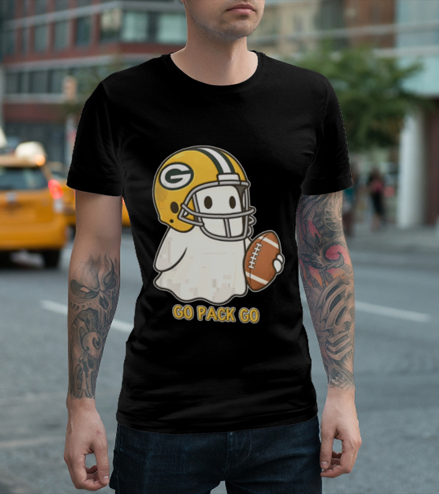 Go Pack Go Ghost With Green Bay Packers Football Helmet And Ball T-Shirt