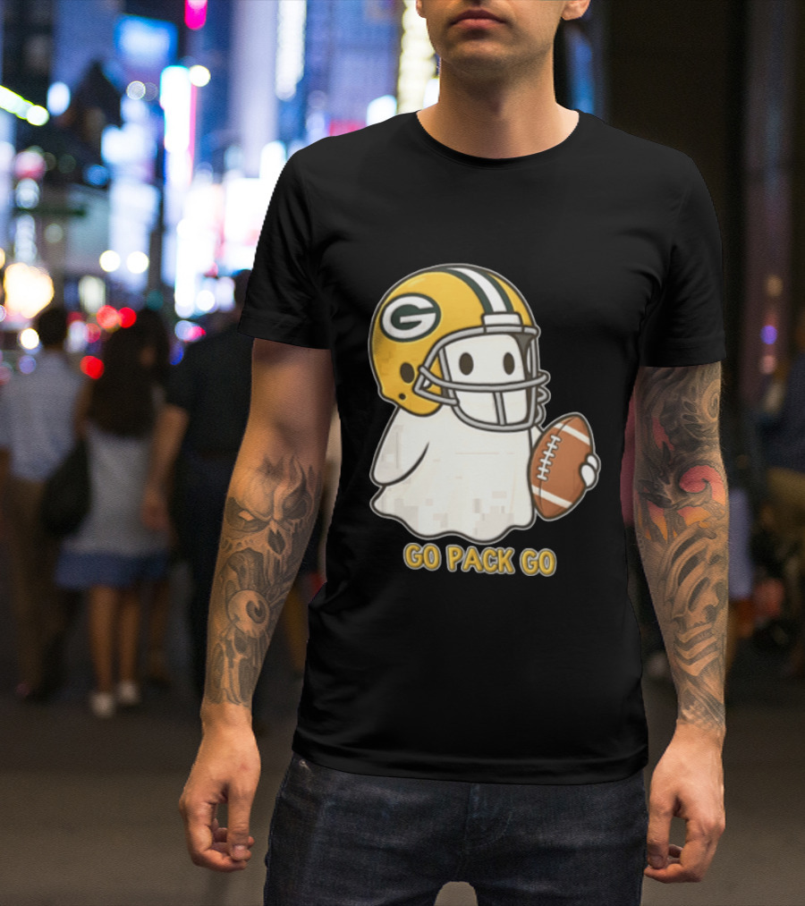 Go Pack Go Ghost With Green Bay Packers Football Helmet And Ball T-Shirt
