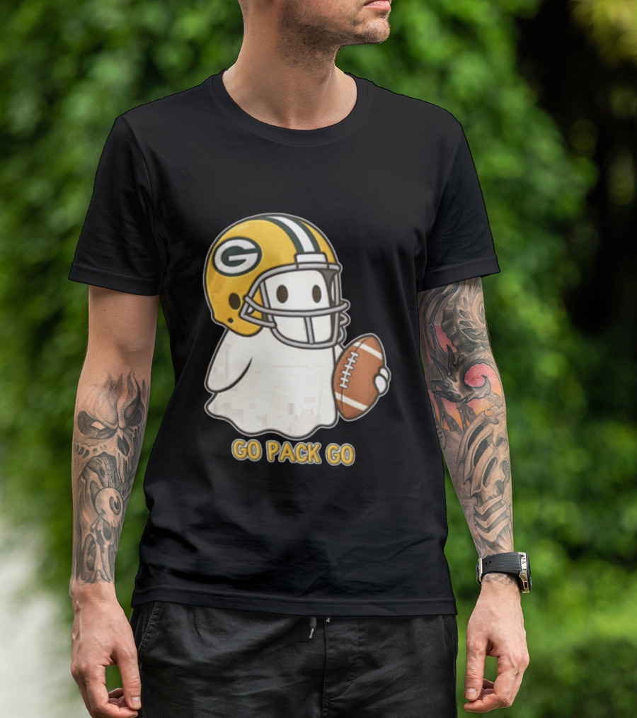 Go Pack Go Ghost With Green Bay Packers Football Helmet And Ball T-Shirt