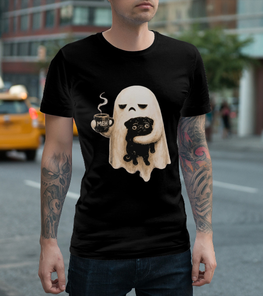 Halloween Meh Ghost Holding Black Pug Dog Lover T-Shirt