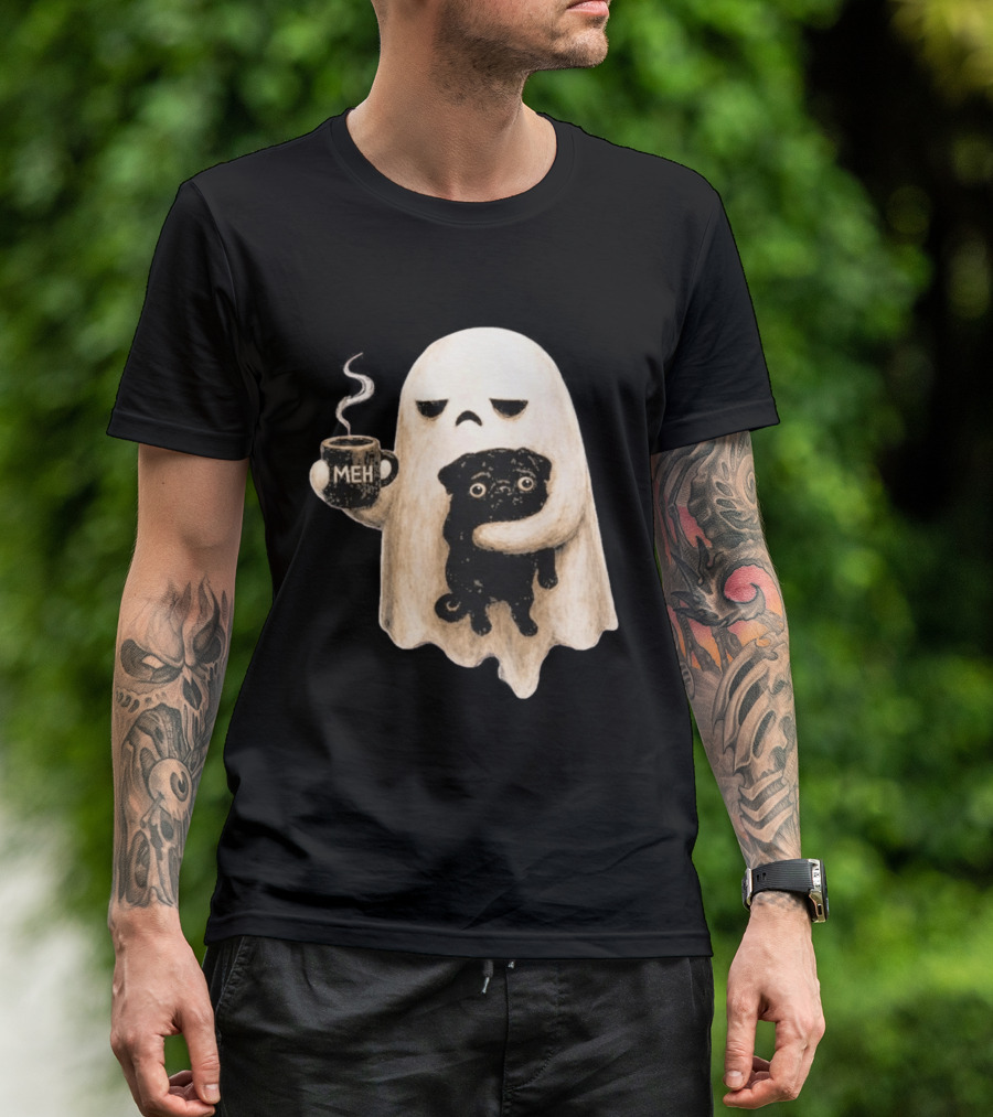 Halloween Meh Ghost Holding Black Pug Dog Lover T-Shirt