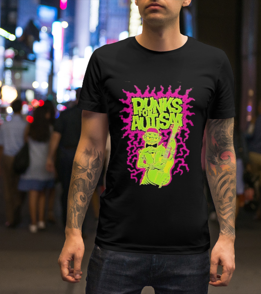 Punks For Autism Frankenstein Guitar Player Neon Rock T-Shirt
