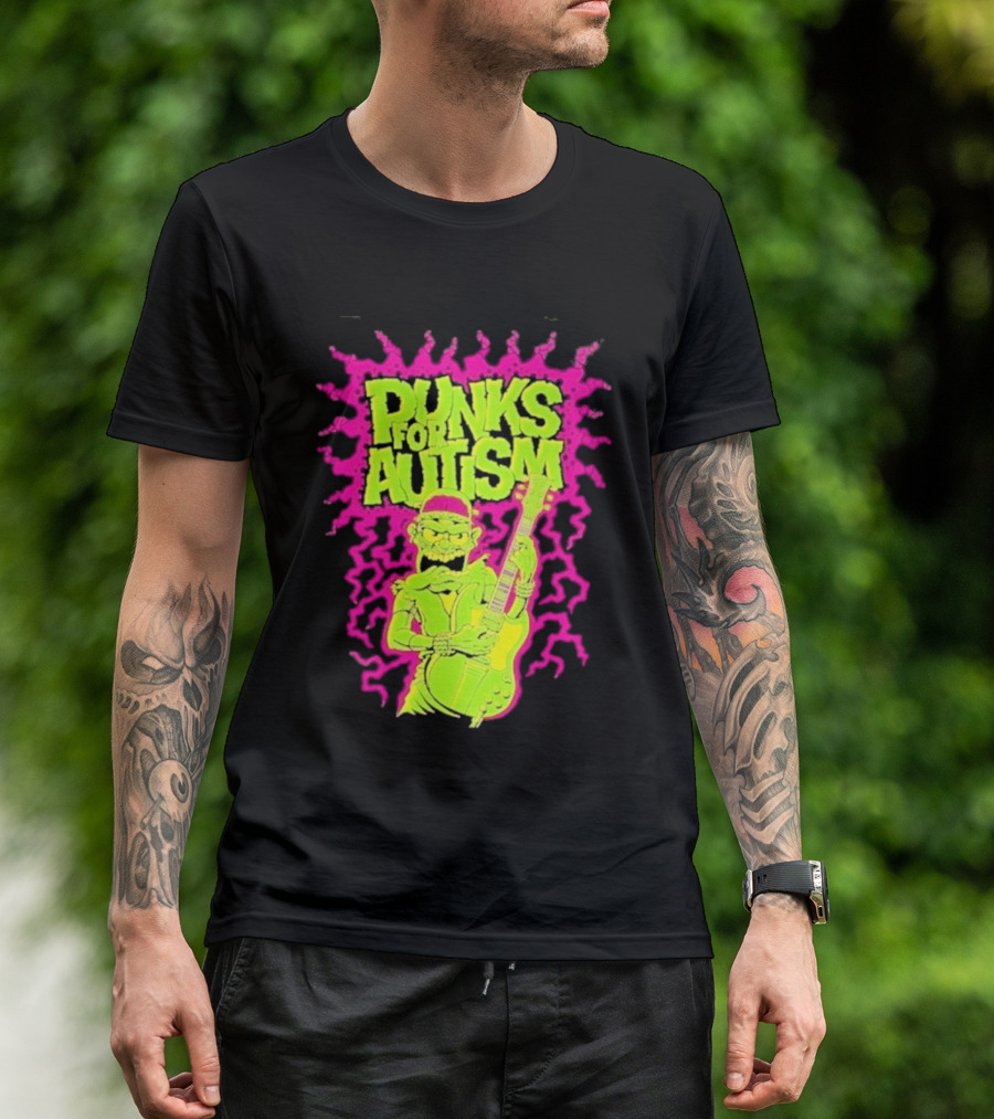 Punks For Autism Frankenstein Guitar Player Neon Rock T-Shirt