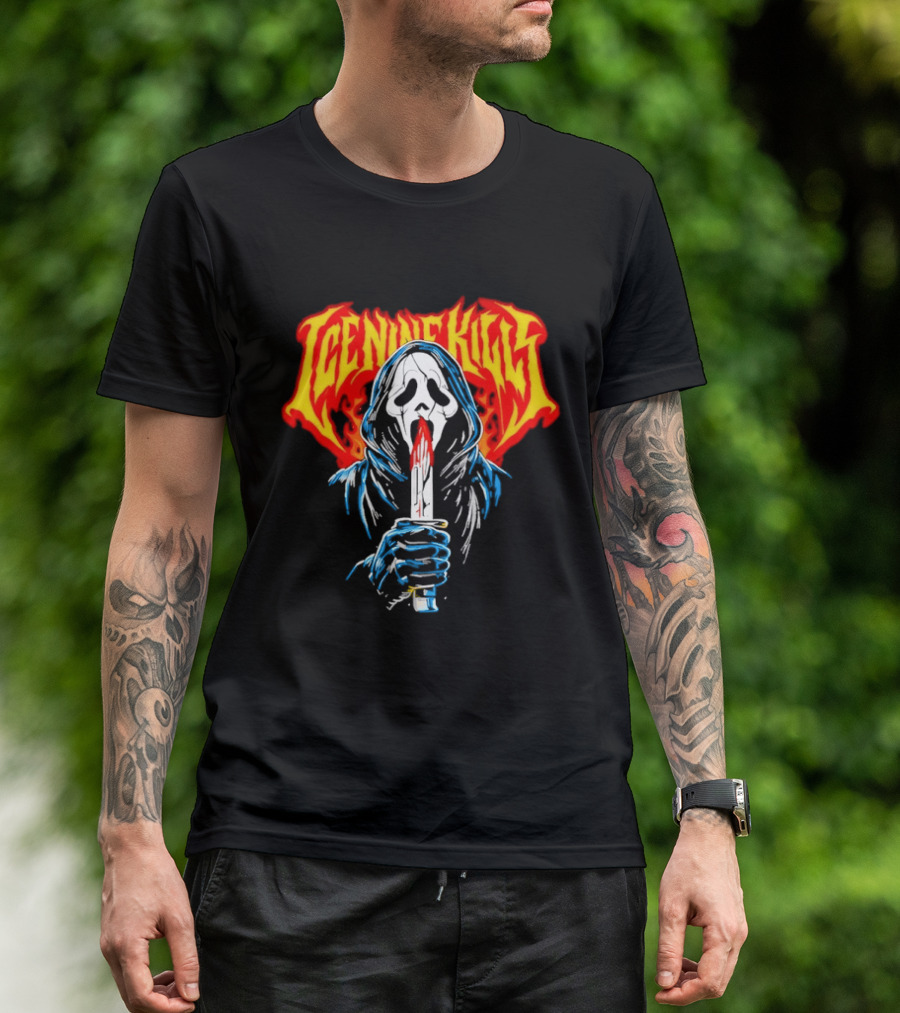 Ice Nine Kills Ghostface Horror Metal Band Red Text Knife T-Shirt
