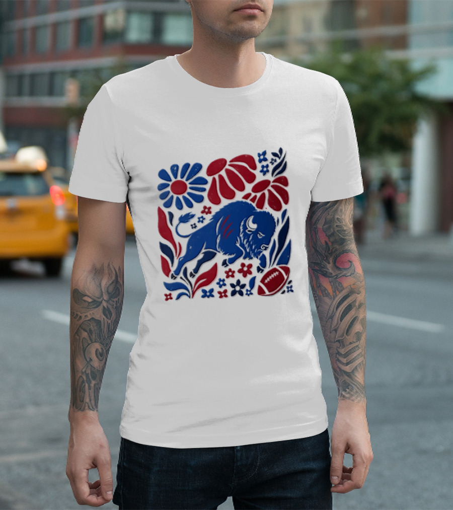 Buffalo Bills Charging Buffalo Red Blue Flowers Football T-Shirt