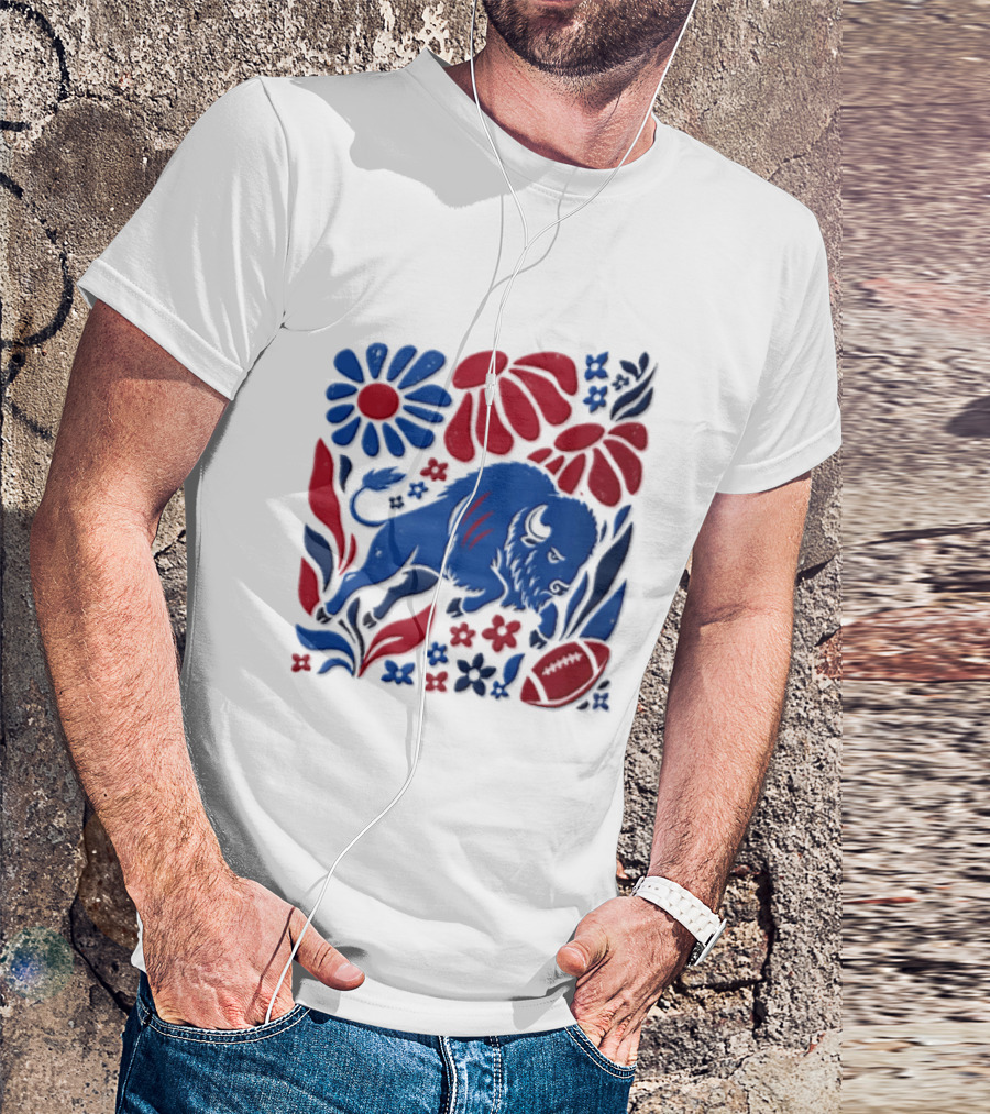 Buffalo Bills Charging Buffalo Red Blue Flowers Football T-Shirt