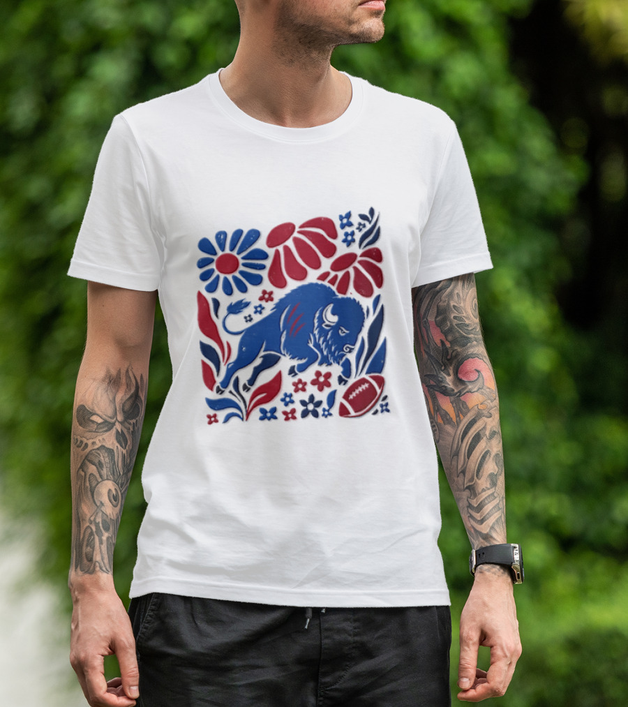 Buffalo Bills Charging Buffalo Red Blue Flowers Football T-Shirt
