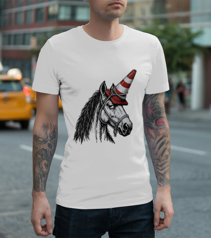 Horse Wearing Red Traffic Cone Hat Rope Accessory T-Shirt