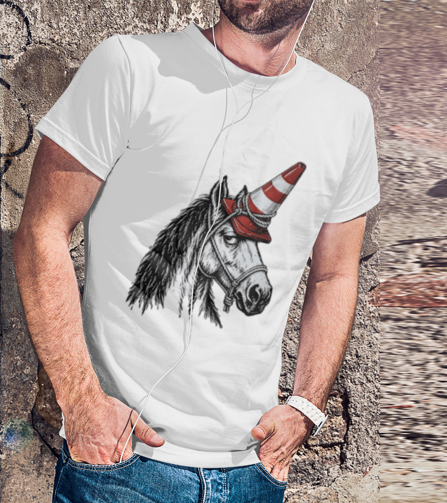 Horse Wearing Red Traffic Cone Hat Rope Accessory T-Shirt
