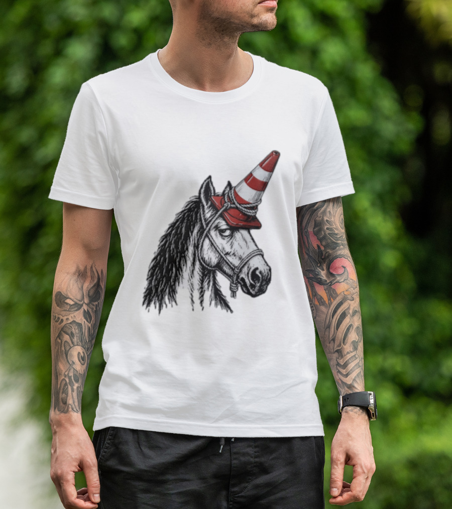 Horse Wearing Red Traffic Cone Hat Rope Accessory T-Shirt