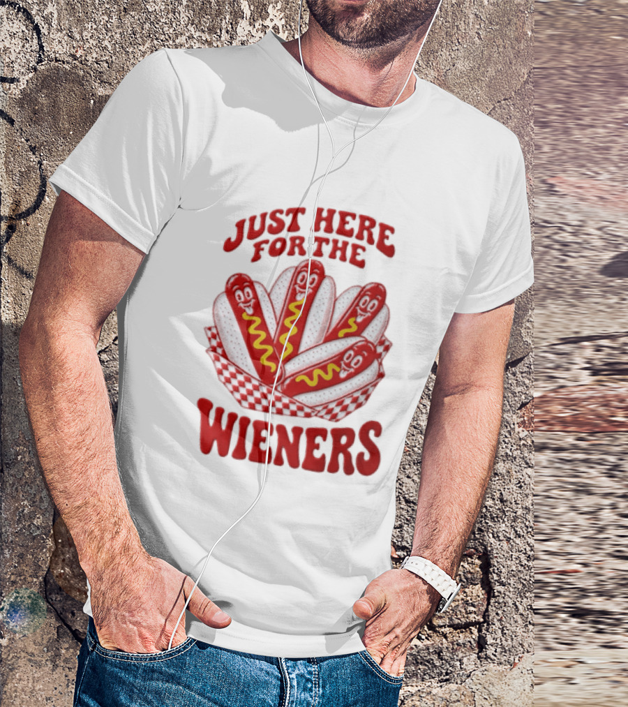 Just Here For The Wieners Four Cartoon Hot Dogs Mustard T-Shirt
