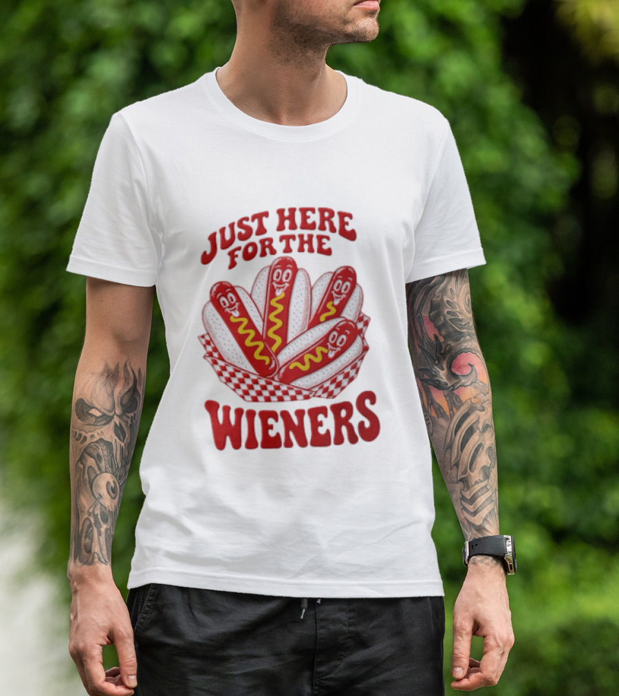 Just Here For The Wieners Four Cartoon Hot Dogs Mustard T-Shirt